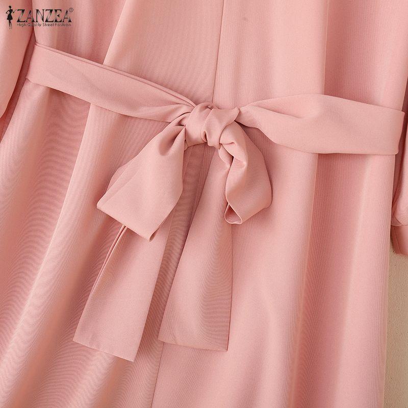 ZANZEA Women Casual V-Neck Loose 3/4 Sleeve Solid Dress