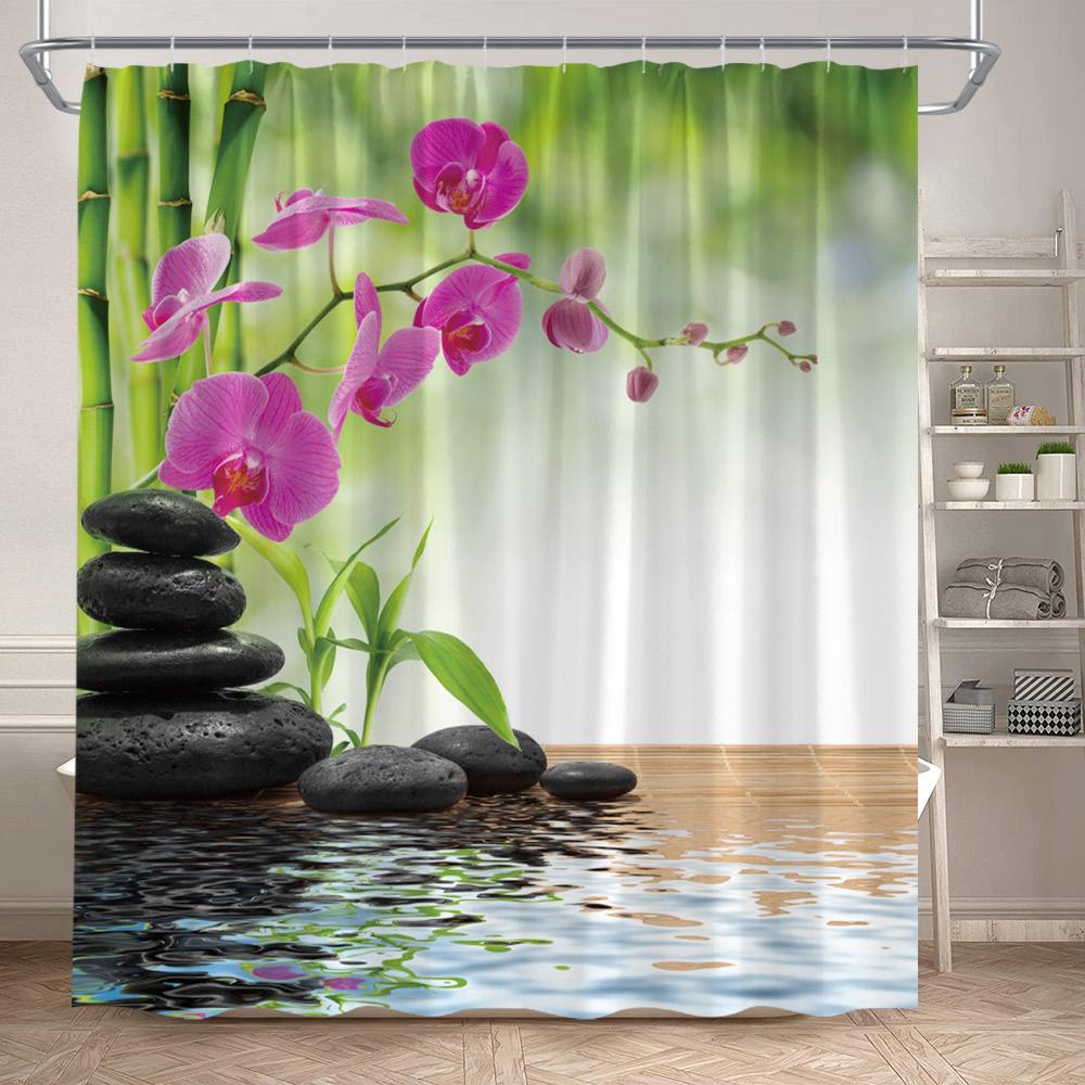 Rideaux de douche Zen Bambou Vert Orchidée Pourpre Lotus Papillon Paysage Spa Accrochage Mural Domestique Tissu Rideau de Salle de Bain Décoratif