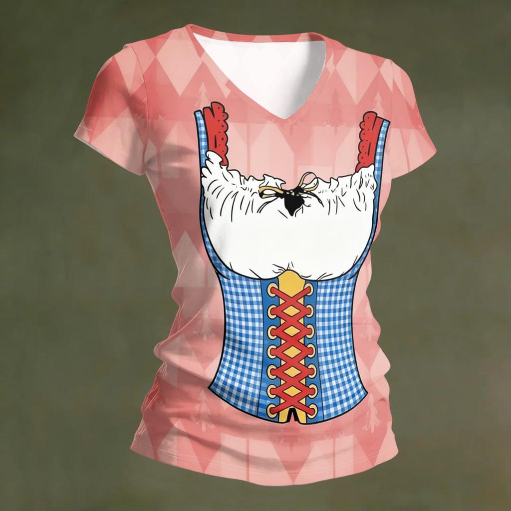 Camiseta casual de manga corta con cuello en V para mujer, top con estampado de Oktoberfest, tejido ligero y suave, ajuste cómodo, para uso diario