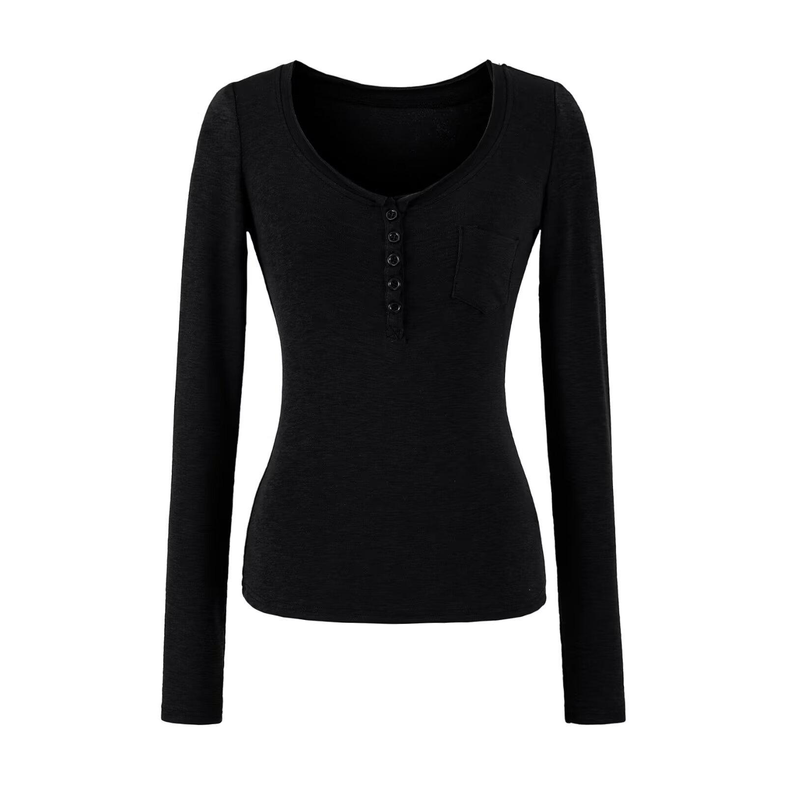 

Women s Slim-Fit Korean V-Neck Long-Sleeve Button-Up T-Shirt with Pocket Medium