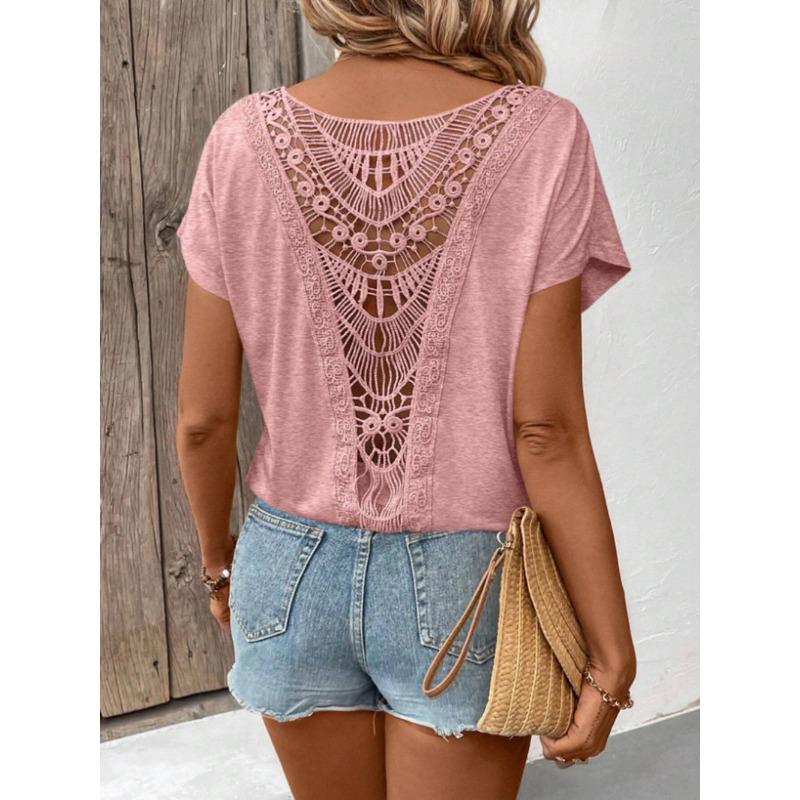 Summer Back Lace Splicing Short Sleeved T-shirt O Neck Loose Office Blouse Women Sweet Hollow Out Solid Color Tops Female Elegant Simple Shirts