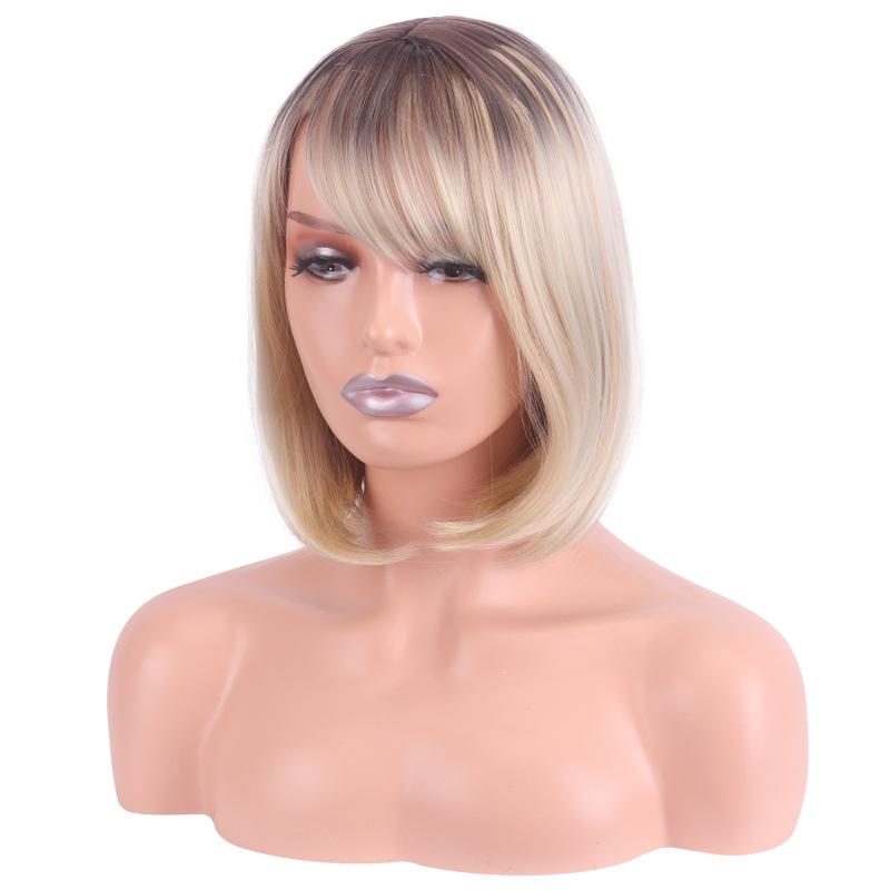 Ladies Short Bob Synthetic Wigs for Women Ombre Brown Blonde Wig With Bangs Natural Looking Cosplay Party Daily Heat Resistant Fiber Wigs
