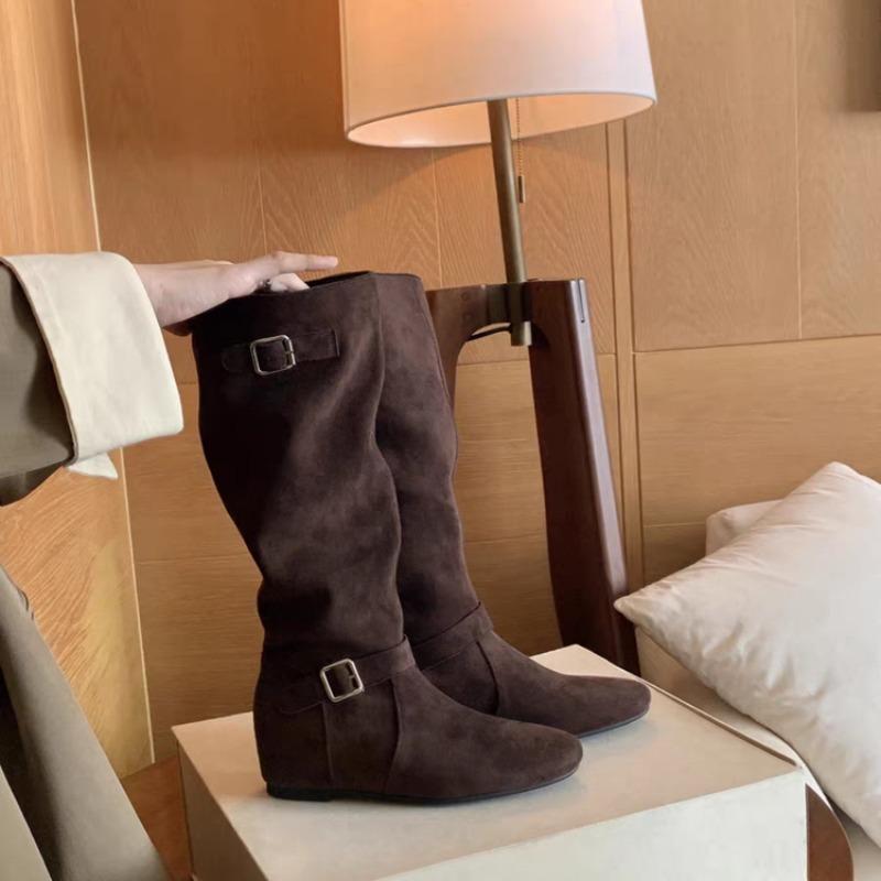 

Women Mid-calf Boots High Quality Suede Casual Boot Temperament Belt Buckle Design Pants Leg Boot Non Slip Flat Boot Botas Mujer 35