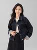 Xin Ge Women's Retro Plaid Patchwork Denim Jacket - Long Sleeve, Drop Shoulder, Casual Fit.