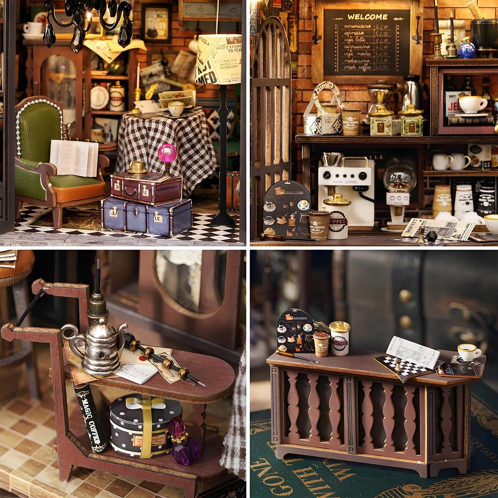 Spilay DIY Wooden Miniature Dollhouse Kit with Scale Mini Dustproof Cover Creative Gift for Lovers Coffee Ages Furniture, 124 House, & LED, Women,