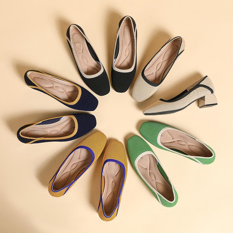 Heels for Women Knit Pump Shoes Low Heel Womens Dress Shoes Work Office Square Toe Casual Business Chunky Heels Slip On Dressy Heels for Women