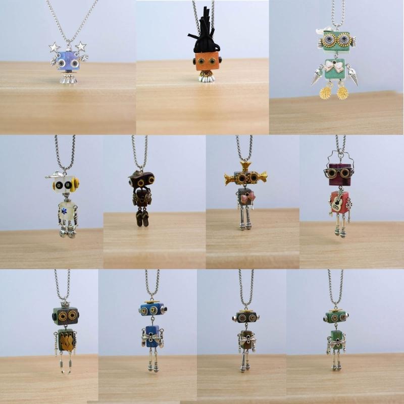 Punk Collarbone Chain Wooden Steams Robot Pendant Necklace Adjustable Length Clavicle Chain Jewelry for Women Girls