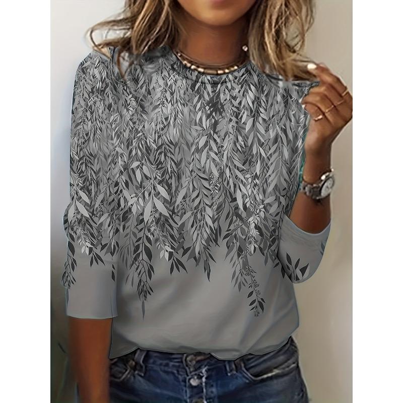 Spring and Autumn Round Neck 3D Leaf  Printed Top Fashionable Casual Long Sleeved Women's T-shirts