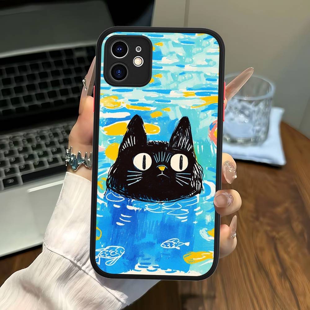 A Cute Comic Cat Matte Transparent Phone Cover For IPhone Case 16 15 14 13 12 11 Pro Max X XS Max Plus