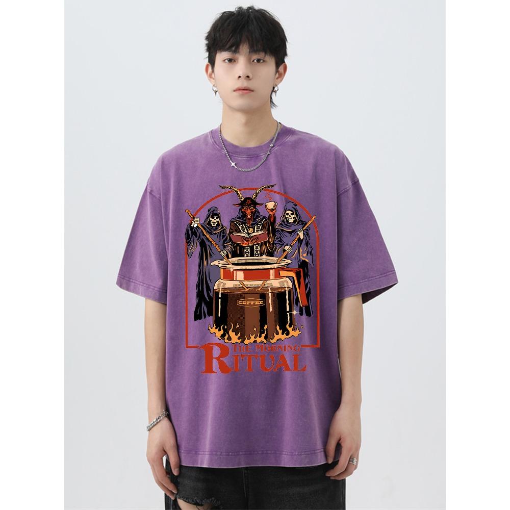 The Morning Ritual Coffee Funny Washed Retro Men T Shirts Summer Cotton T-Shirts Breathable Loose Clothes