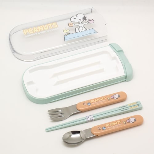 OSK Snoopy Cutlery Set with Pull-Out Lid, Trio Chopsticks, Spoon, and Fork, Made In Japan, Dishwasher Safe, Easy To Use, Stylish, Cute, Unisex, for Ch