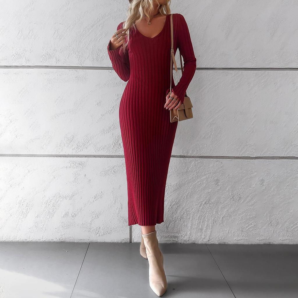 Abito da donna in maglia a maniche lunghe con scollo a V, ampio e svasato, autunno inverno, pigro vento