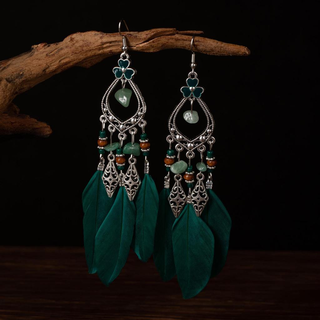 Bohemian Faux Silver Feather Tassel Mosquito Coil Earrings: Summer Retro Ethnic Ear Jewelry