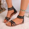 Roman Style Rivets Flat Sandals for Women Fashion Braided Ankle Strap Gladiator Sandals Woman Summer Comfy Non Slip Beach Shoes