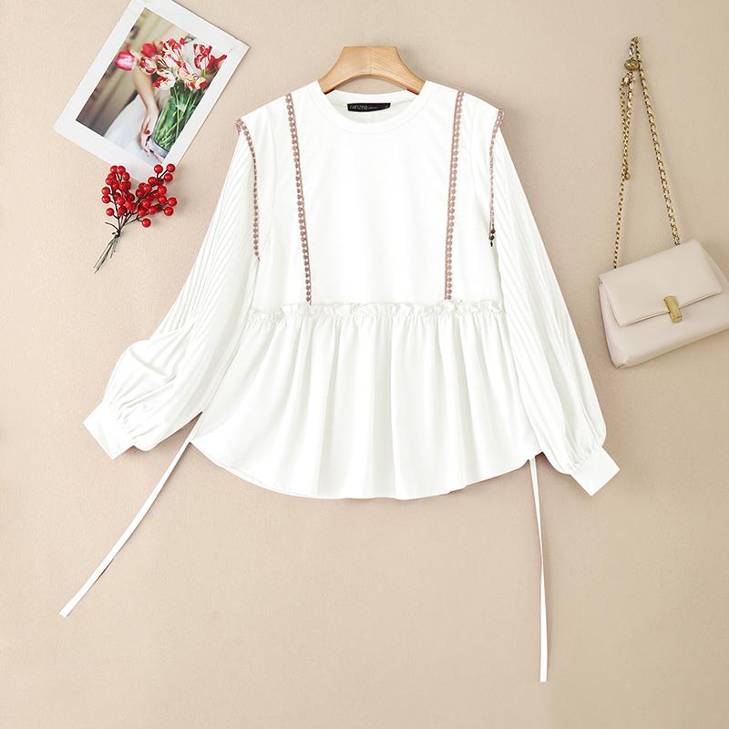 ZANZEA Blusa casual de manga larga suelta con cuello redondo para mujer