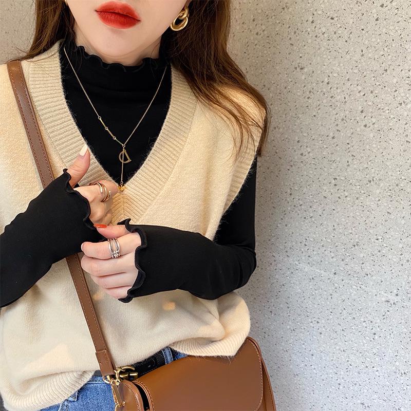 German Velvet Ladies' Half-High Collar Knit T-Shirt with Wood Ear Edge - Solid Color Long-Sleeve for Spring, Autumn, and Winter 2024.