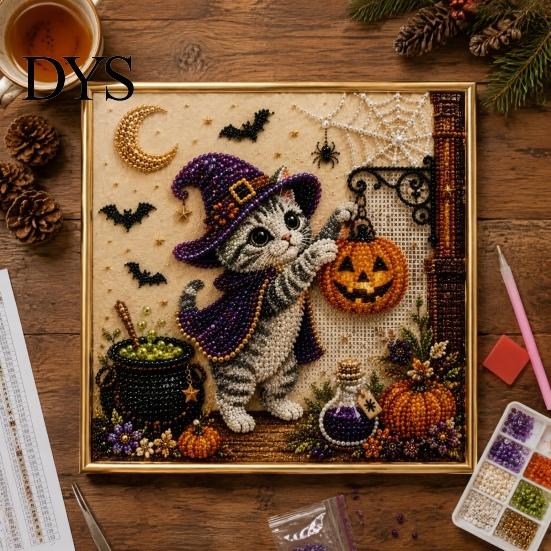 Halloween Party Supplies Cat Faux Pearl Painting Art Kit, Spooky 3D Beads Crafting Kits for Beginners Crafts, Cute Witch Gem Wall Adults, Craft Lovers
