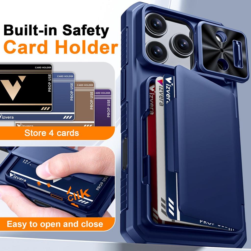 Shockproof RFID Wallet Case with Card Holder Camera Protector Stand PC+TPU Case for iPhone 17 Pro-Blue