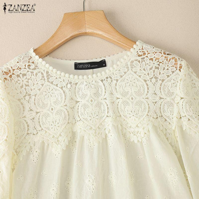 ZANZEA Women Casual Lace Crochet Patchwork Long Sleeve Blouse