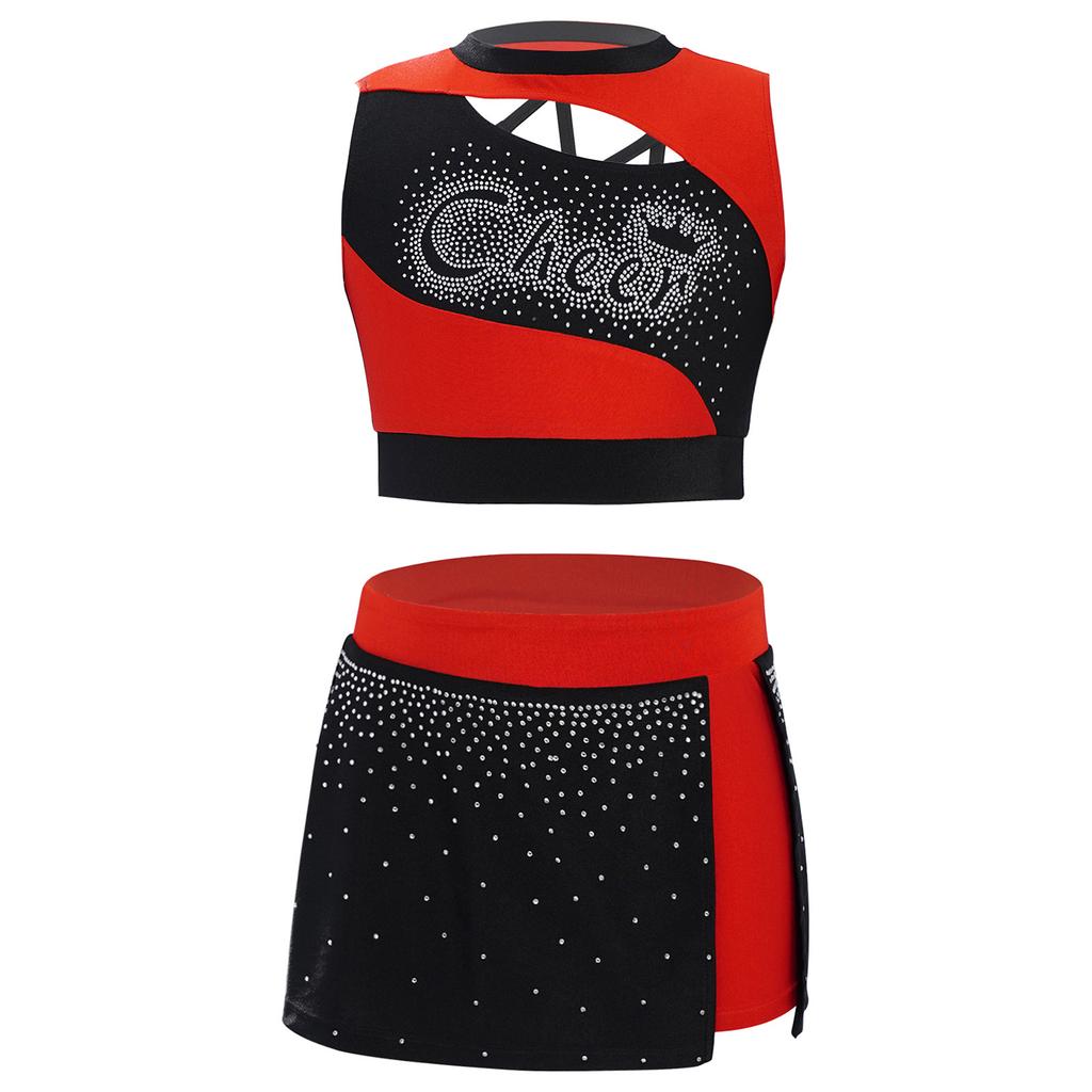 Girls Dance Crop Top and Skirt Set Sleeveless Rhinestone Design Side Slit Cheerleading Costume
