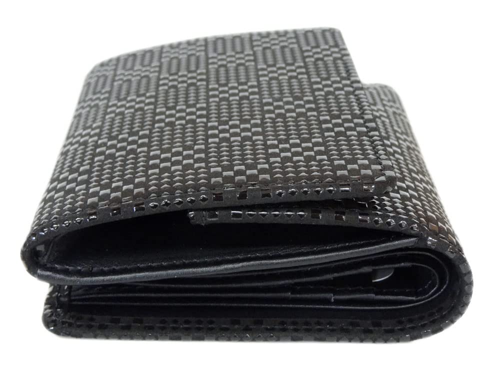 [Inden-ya] Inden Bifold Wallet with Bill Compartment E 2215, Black Deerskin with Black Lacquer, Small Checkered Pattern, 10cm x 11cm x 3.5cm,