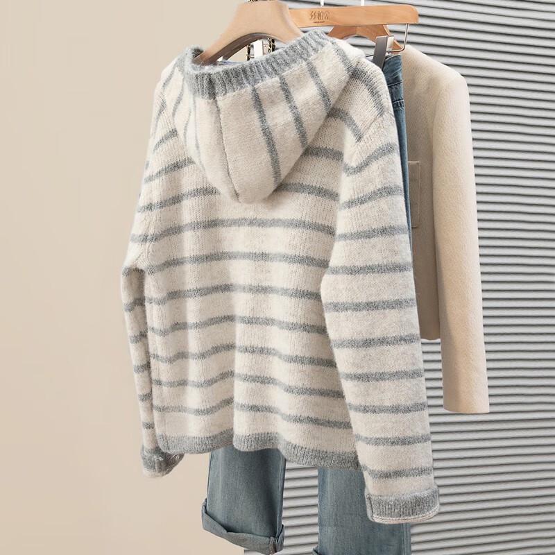 Women's Wool Blend Hooded Color Block Stripe Sweater