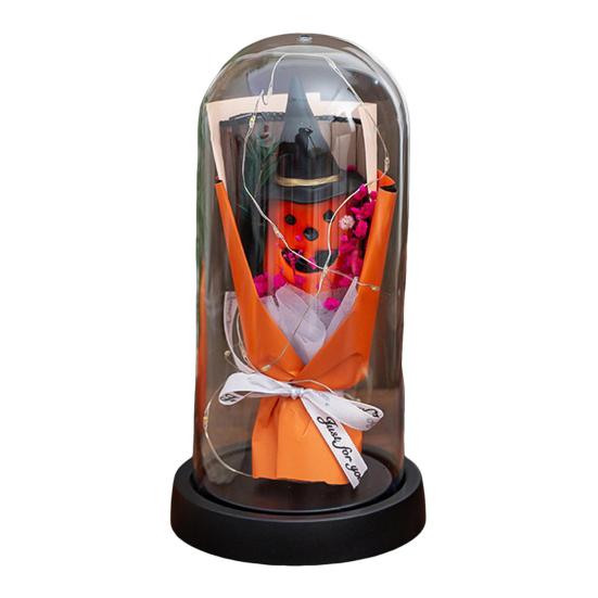 LED Clear Dome Pumpkin Night Light Halloween Light-up Pumpkin In Cloche with Artificial Flower for Home Kitchen Mantel Party Decor
