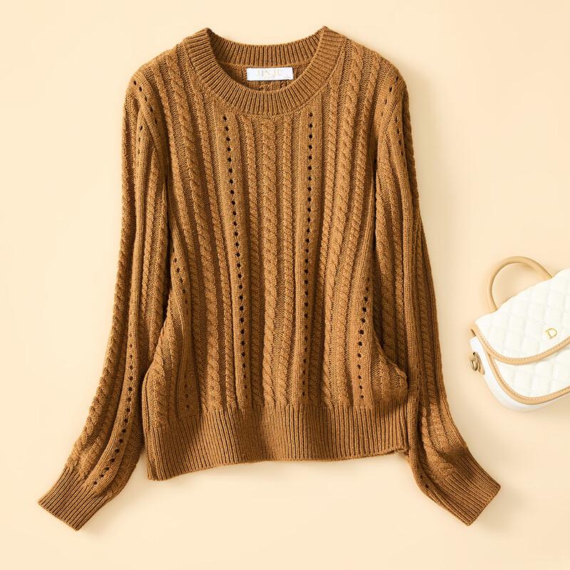 Women's Thickened Wool Blend Pullover Sweater - Round Neck, Hollow-out Knit