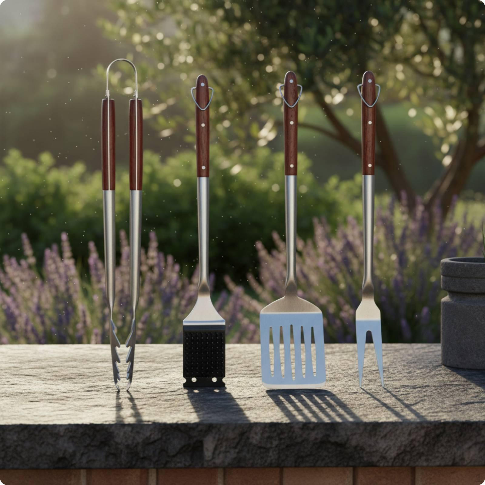 4 Piece Grill Set Wooden Handles Barbecue Tool Hanging Loops Stainless Steel Tools