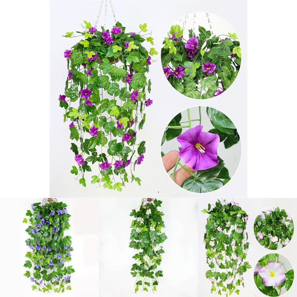 Lifelike Hanging Basket Artificial Flower Morning Glory Vine For Stunning Home Wall Decor