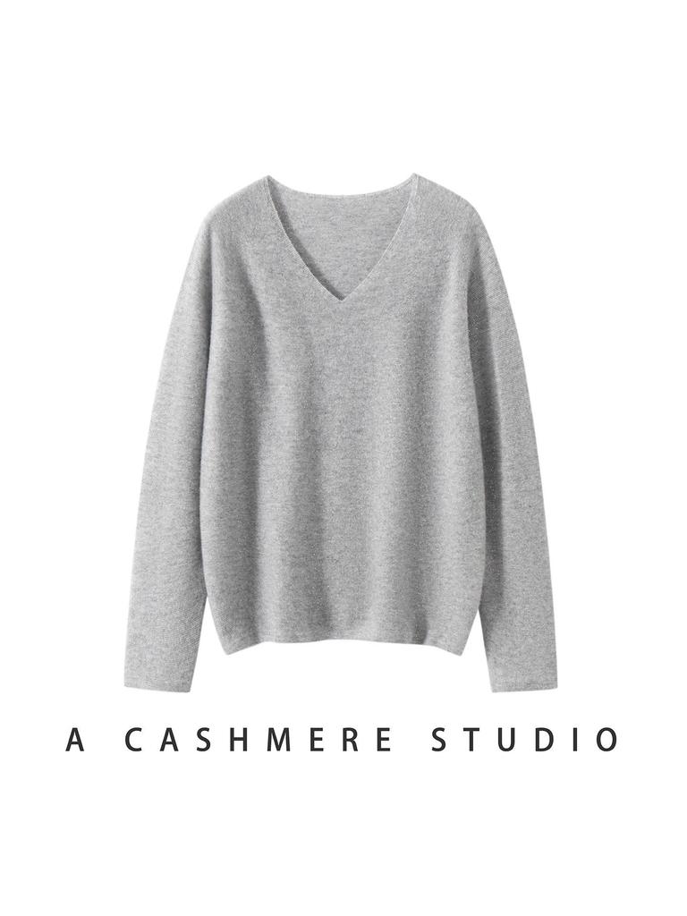 Women's Soft 100% Cashmere V-Neck Sweater - Loose Fit, Long Sleeve, Solid Color Knitwear for Autumn and Winter