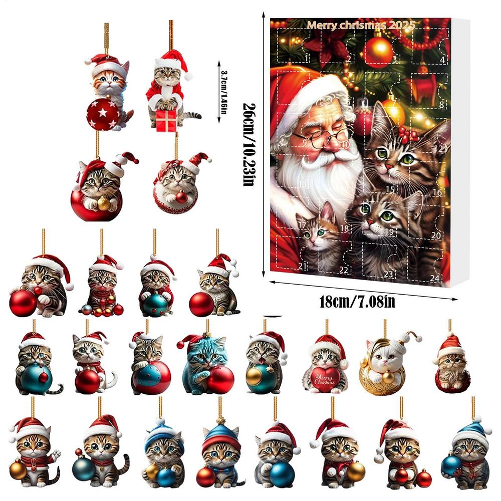 2025 Katze Weihnachten Adventskalender 24 Tage 2D Acryl Anhänger Countdown Kalender Niedliches Geschenk für Kinder Erwachsene Weihnachtsbaumschmuck