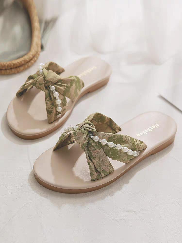 

Thick-bottomed fairy style slippers female outer wear 2025 summer new fashion Roman pearl muffin cool slippers female tide 40 зелёный