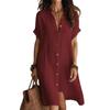 2026 European and American new shirt skirt fashionable and casual solid color short-sleeved button medium and long dress