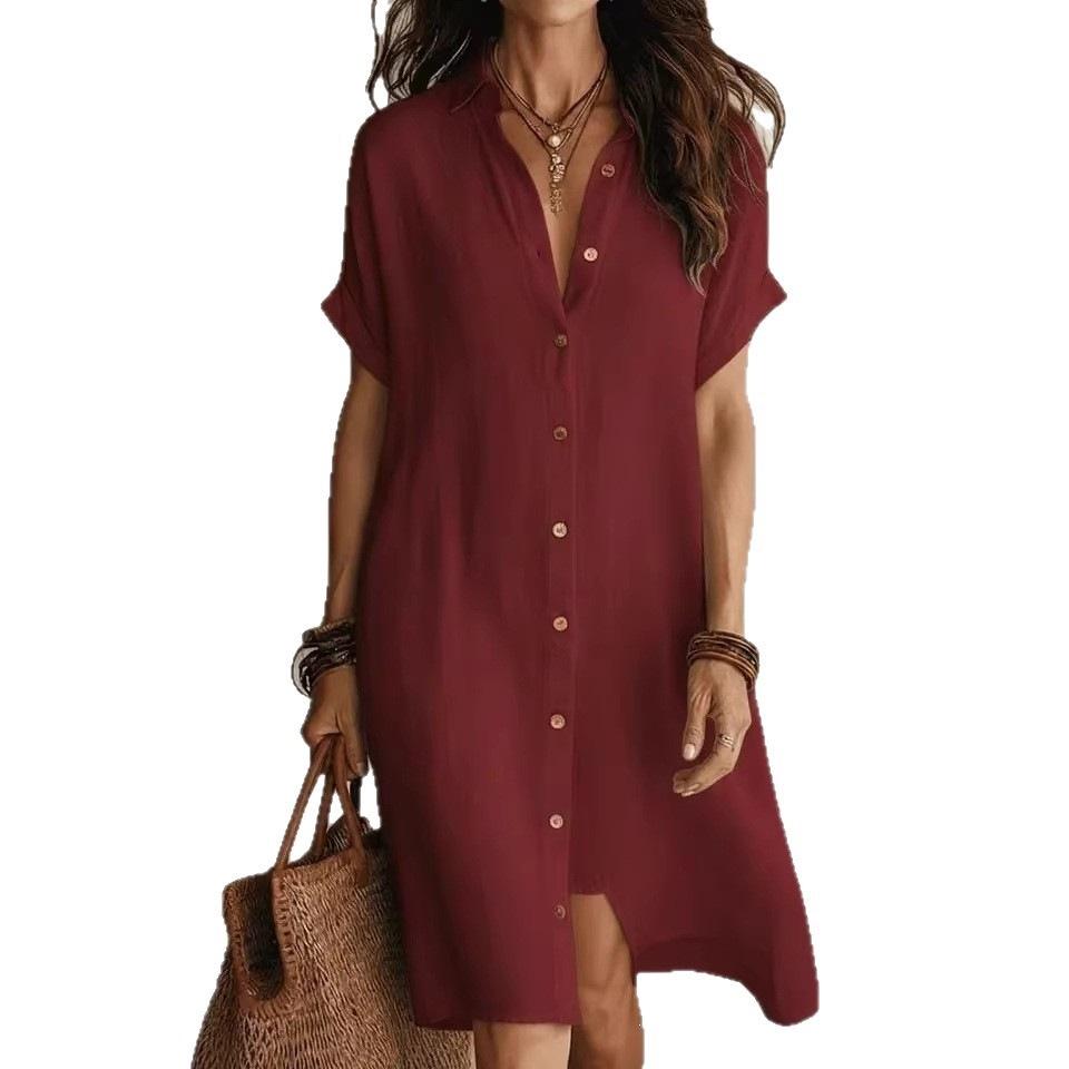 2026 European and American new shirt skirt fashionable and casual solid color short-sleeved button medium and long dress