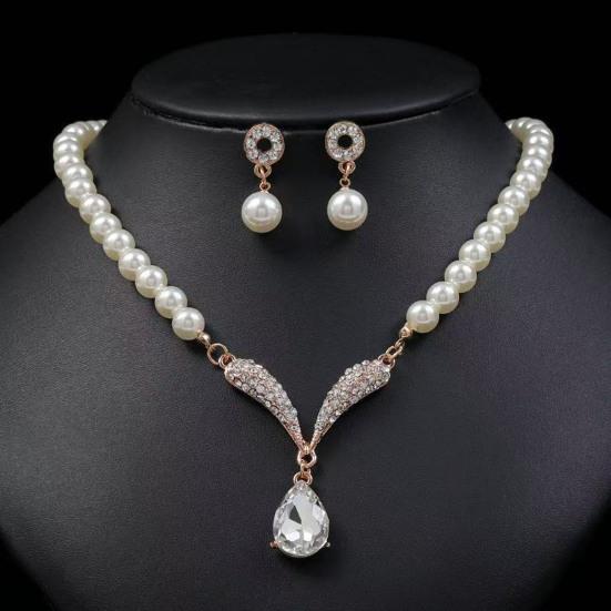 1 Set Bridal Faux Pearl Rhinestone Pendant Necklace Jewelry Women And Earrings Elegant Wedding Jewelry Set