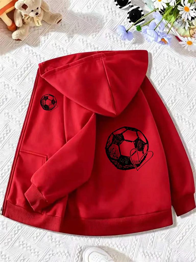 Kids Soccer Heart Graphic Zip Up Hoodie Loose Long Sleeve Hooded Jacket Casual Daily Sports Outerwear For Boys Girls