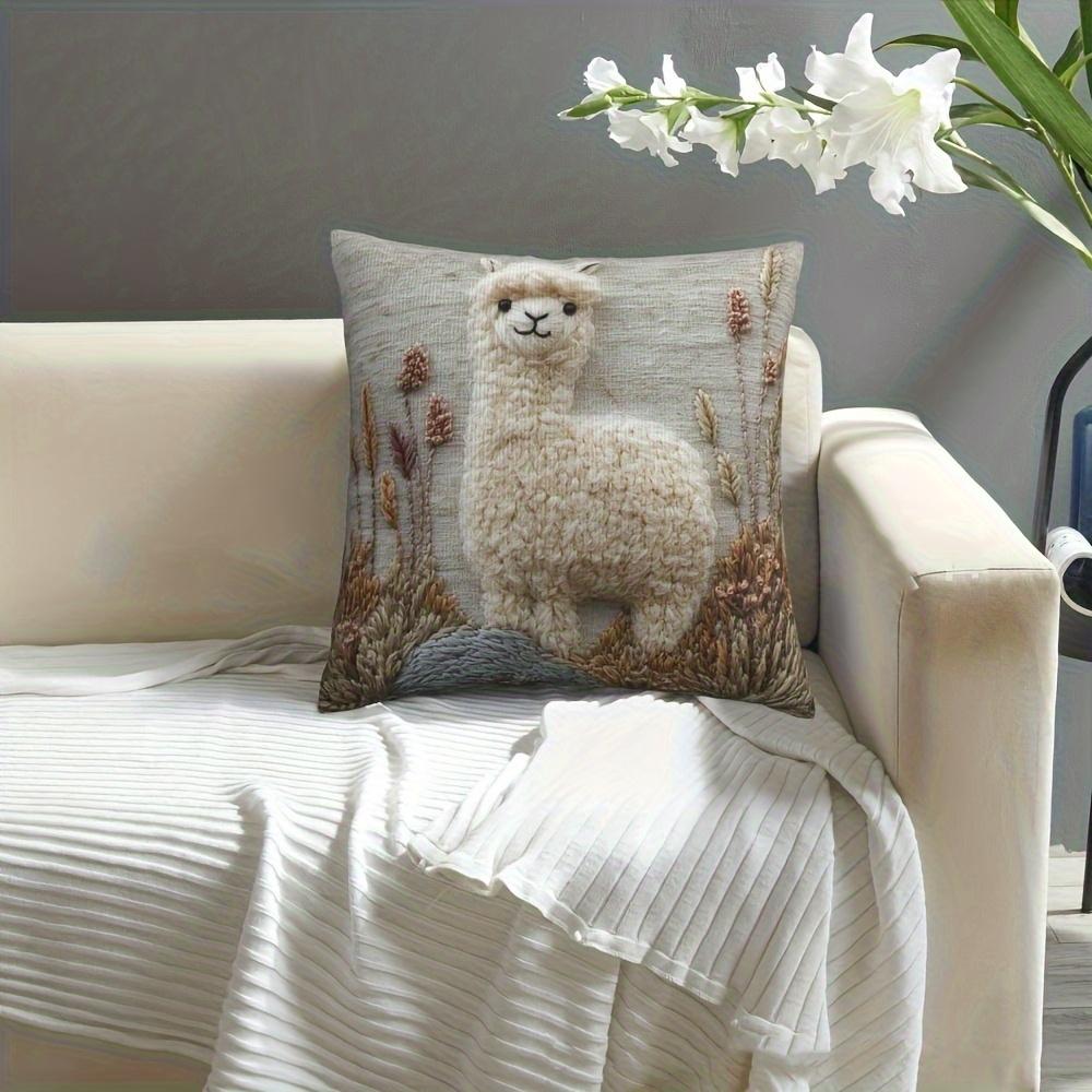 2D Flat Printing Vintage Alpaca Embroidery Throw Pillow Cover -Non-real Embroidery, Soft Plush Polyester