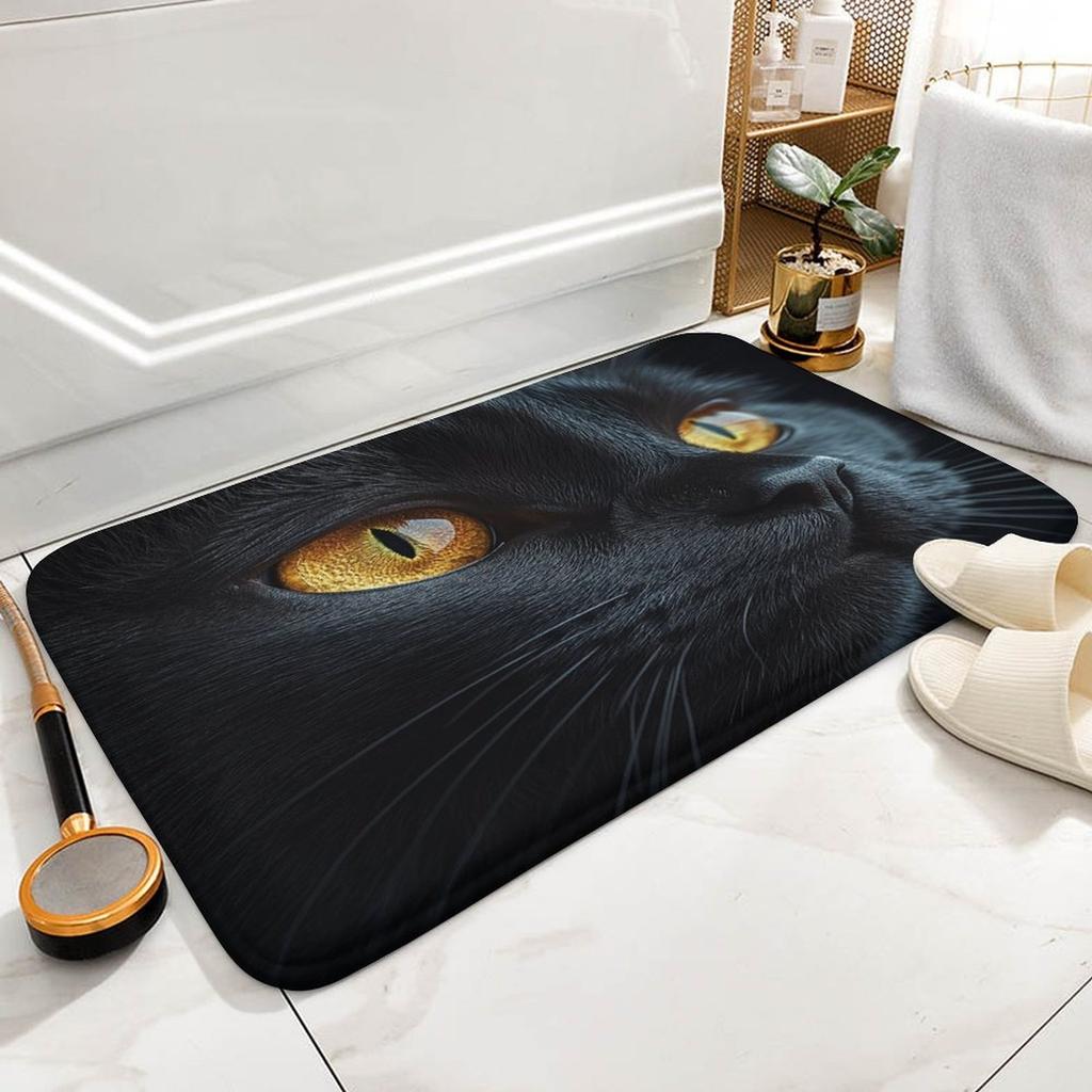 Black Cat Door Mat – Realistic Cat Eyes Design, Dramatic Pet Portrait Entryway Mat for Bathroom, Bedroom, Living Room