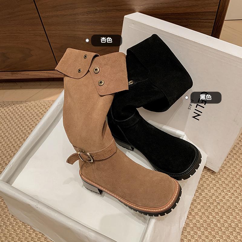 Brown Pile Boots New Frosted Retro Round Head Boots Women's Western Cowboy Boots Versatile Tall Knight Boots