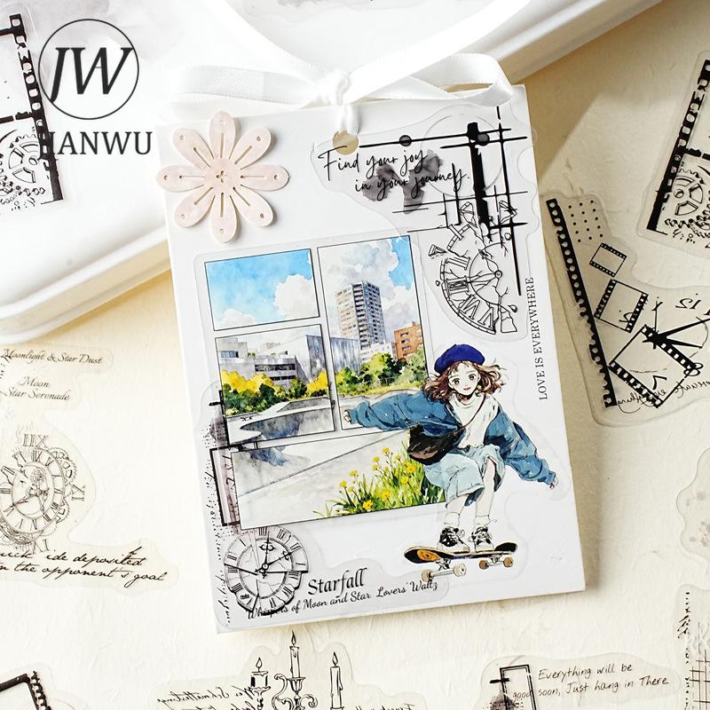 JIANWU Poetry Ink Stain Series Vintage Plant Butterfly Border Landscape Material Collage PET Sticker Creative Journal Stationery