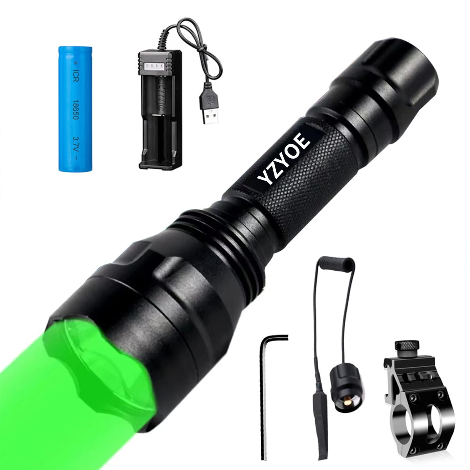 

YZYOE Rechargeable Green Light Tactical Green LED Hunting Light Kit with Universal Picatinny Track Mount and Pressure Suitable for Night Flashlight,