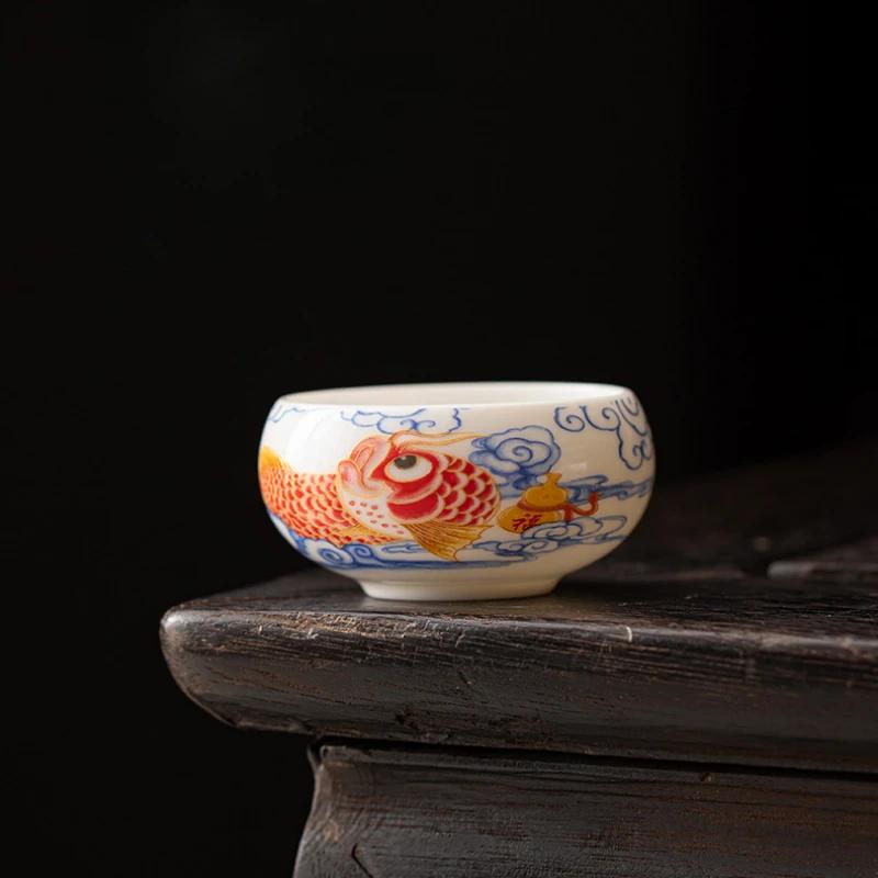1pcs Chinese Style Fish Tea Cup White Ceramic Kung Fu Teacup Tea Set Household Small Cup Ceramic Teaware Gift 2025 New