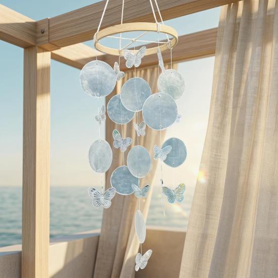 Wind Chime for Outside Ocean Theme Hanging Butterfly Windchime with Round Shells for Patio Garden Decor Gifts for Women Mom Wife