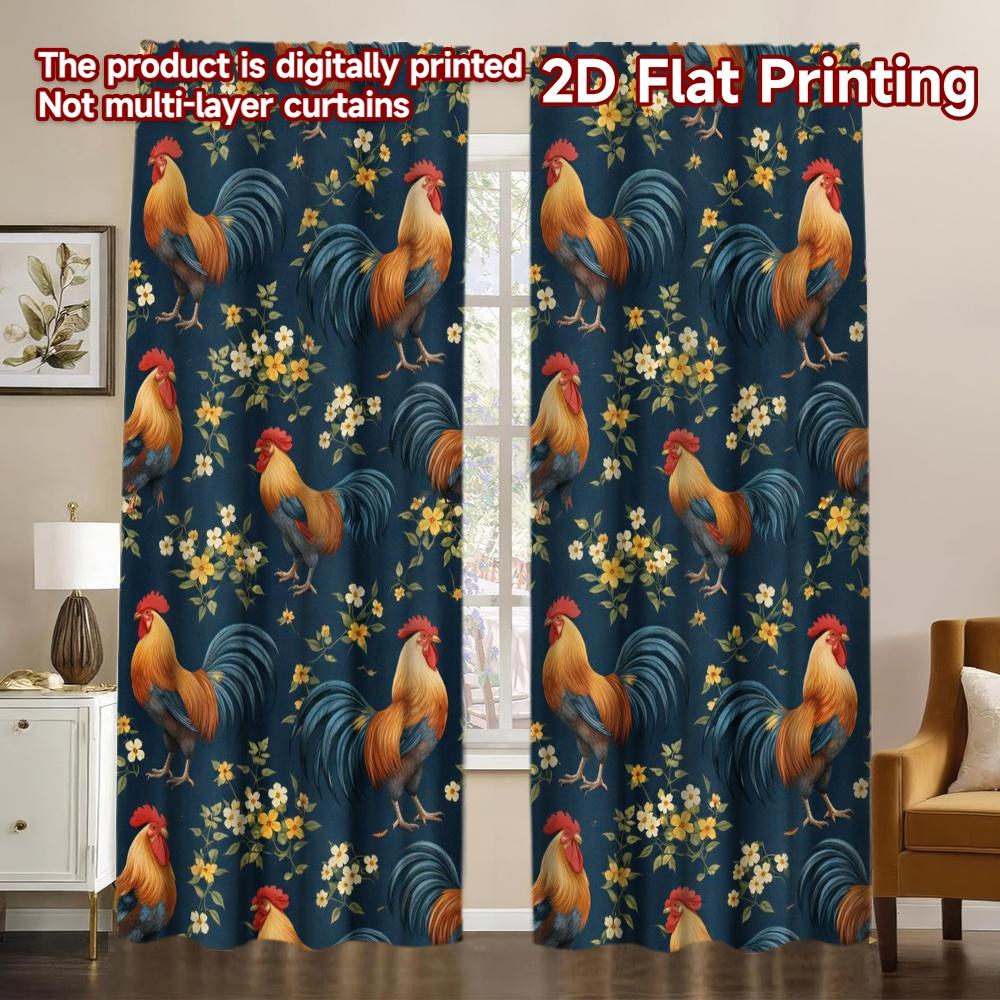 2D FLAT PRINTING 2pcs Curtains (Without Rod) Roosters and Yellow Flowers Popular Contemporary Curtains Durable 100% Polyester