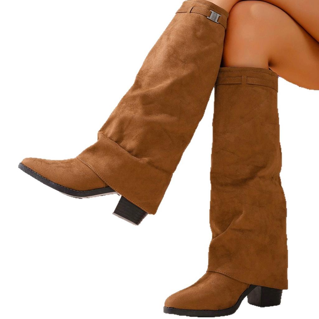 Foreign Trade Large Size Pointed European and American Tall New Boots 2025 Autumn and Winter Fold Thick Heel Sleeve High Heel Fashion Boots