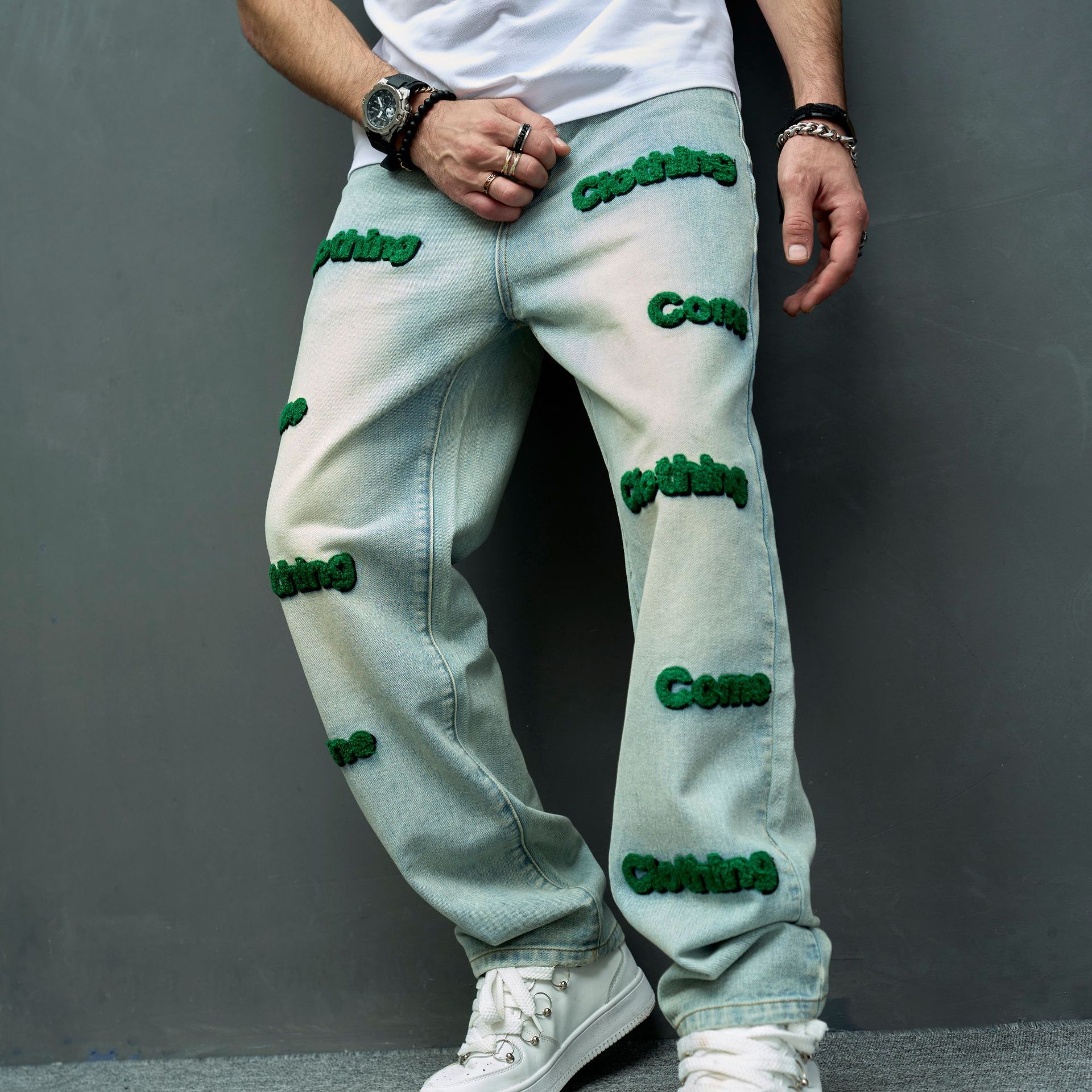 

Винтажные мужские повседневные джинсы свободные брюки ретро-брюки High Street Wide Leg 38 зелёный