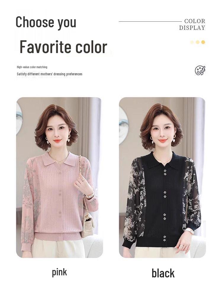 Frühling 2025 Damen Langarm Strick-T-Shirt mit Gazeärmeln für Mütter mittleren und höheren Alters