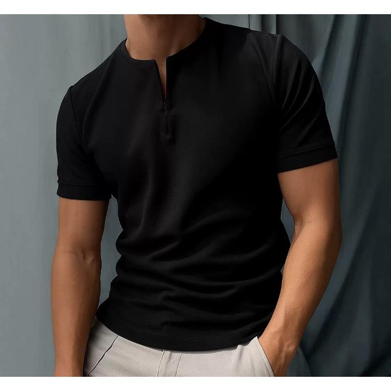 Men Henley Half Zip Short Sleeve Tee Solid Color Slim Stand Collar Muscle Casual T Shirt M чёрный