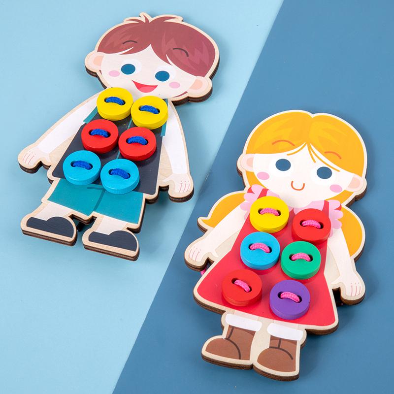 Children's Threading Toy Montessori Enlightenment Training Life Skills Teaching Aids Clothes Threading Game Wooden Fun Toy Gifts